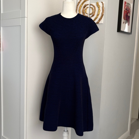 Escada Navy Textured Knit Fit-and-Flare Midi Dress - Picture 6 of 6